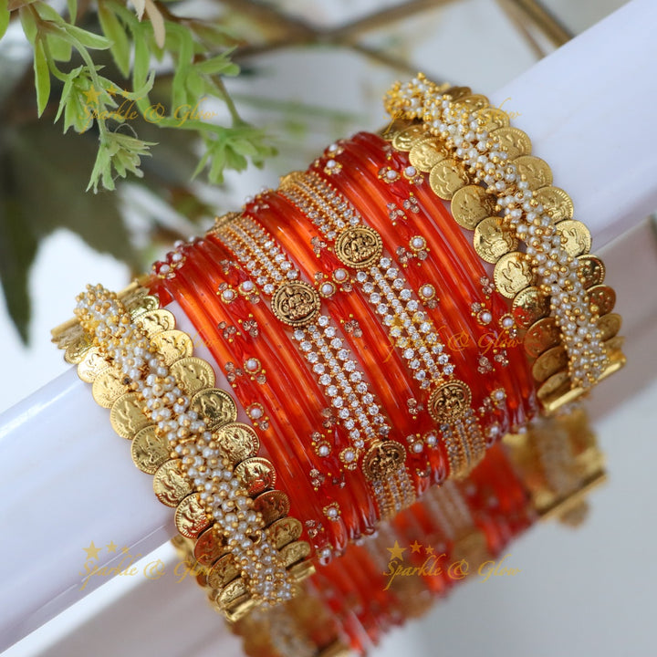 Sparkling Lakshmi Coin Carved Bridal Bangle Set