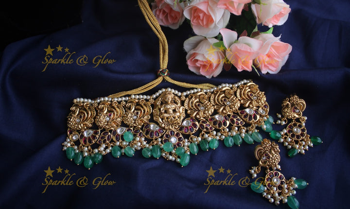 Gold alike Nagas Peacock choker with Green beads