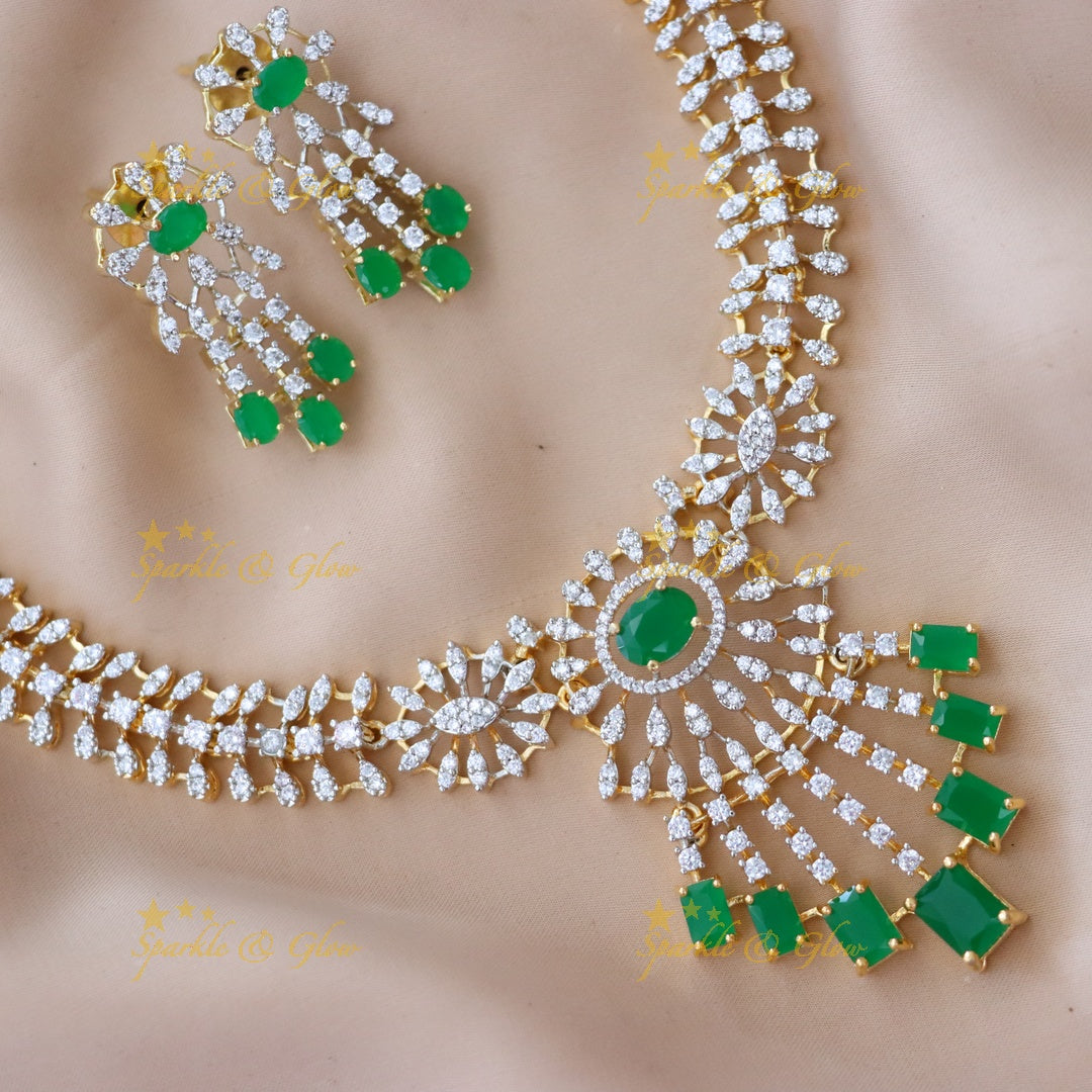 Stunning American Diamond & Green Accent Necklace Set