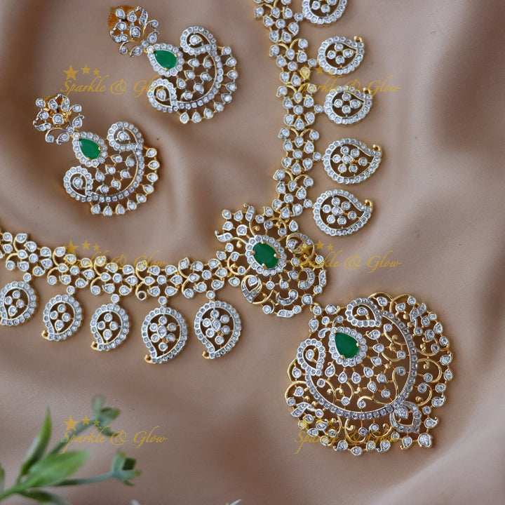 Exquisite American Diamond & Emerald Necklace Set
