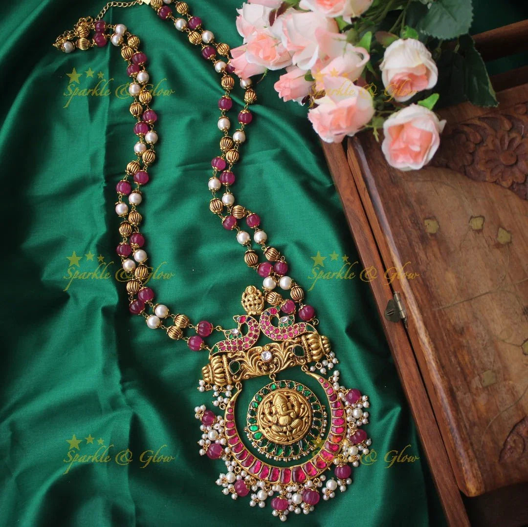 Gheru gold Jadau Ganesha Pendent pink pumpkin beads chain - Sparkle and Glow