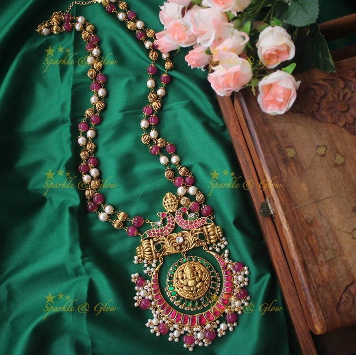 Gheru gold Jadau Ganesha Pendent pink pumpkin beads chain - Sparkle and Glow