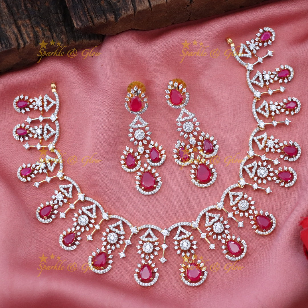 Exquisite American Diamond Necklace Set with Ruby