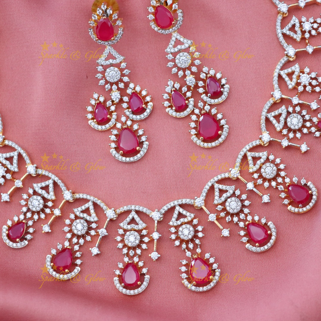 Exquisite American Diamond Necklace Set with Ruby