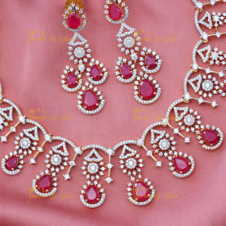 Exquisite American Diamond Necklace Set with Ruby
