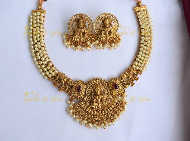 Gold Alike Elephant Intricately Carved Lakshmi pendent Kemp Stone Necklace with Gold beads - Sparkle and Glow