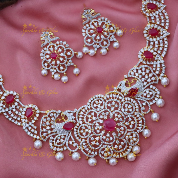 American Diamond Necklace with Ruby Accents - Sparkle & Glow