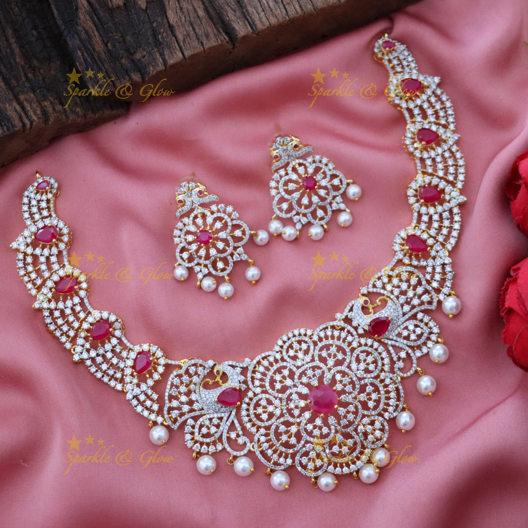 American Diamond Necklace with Ruby Accents - Sparkle & Glow