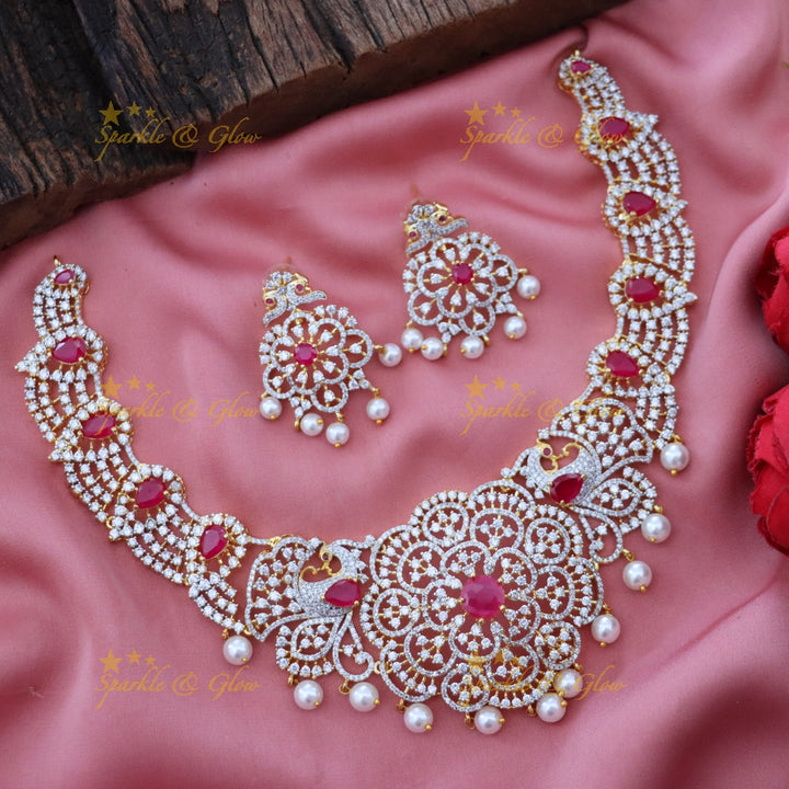 American Diamond Necklace with Ruby Accents - Sparkle & Glow
