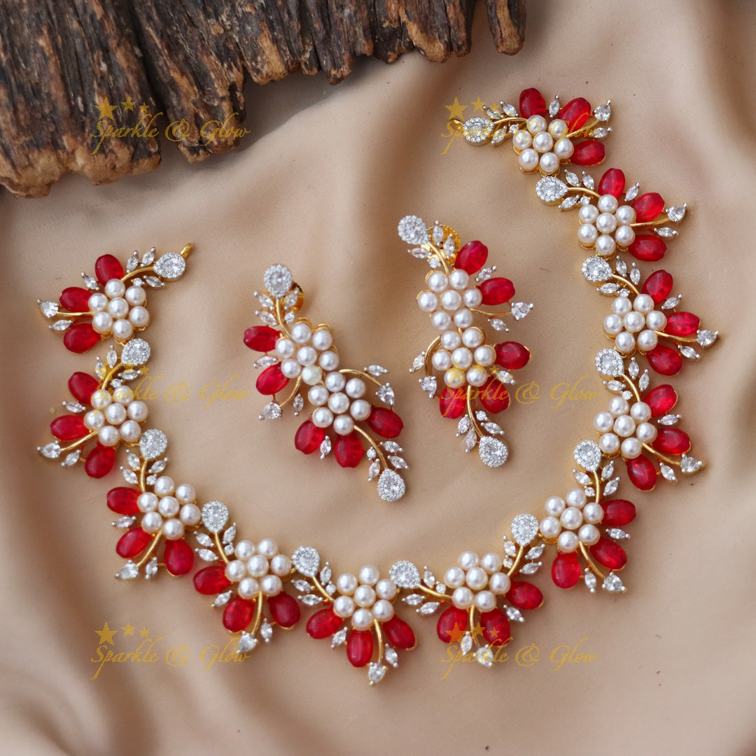 Red Floral Necklace with American Diamonds - Elegant Set