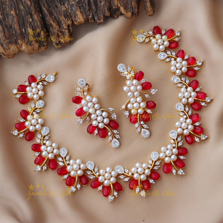 Red Floral Necklace with American Diamonds - Elegant Set