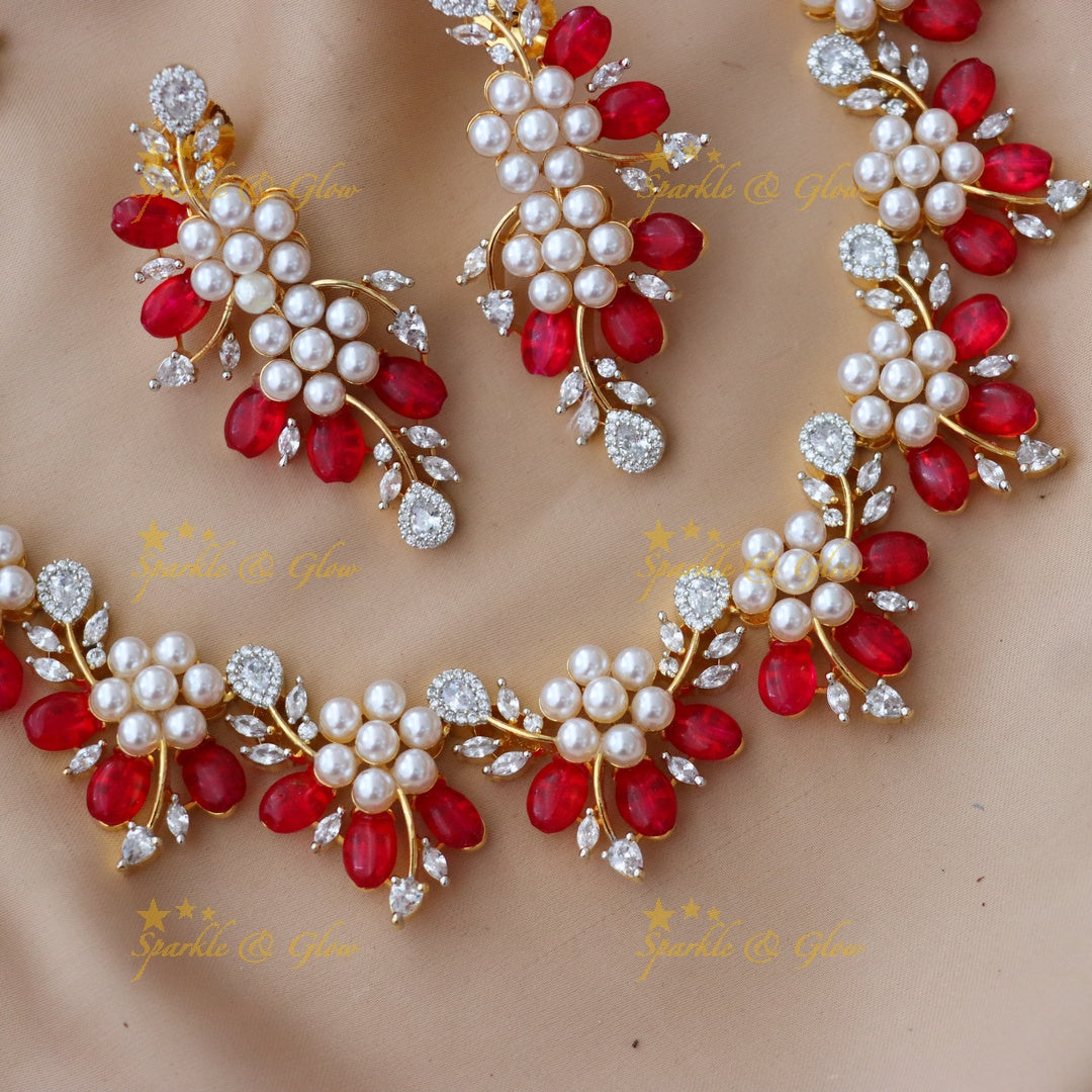 Red Floral Necklace with American Diamonds - Elegant Set