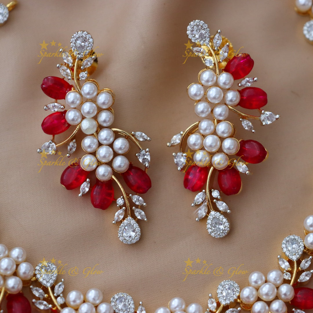 Red Floral Necklace with American Diamonds - Elegant Set