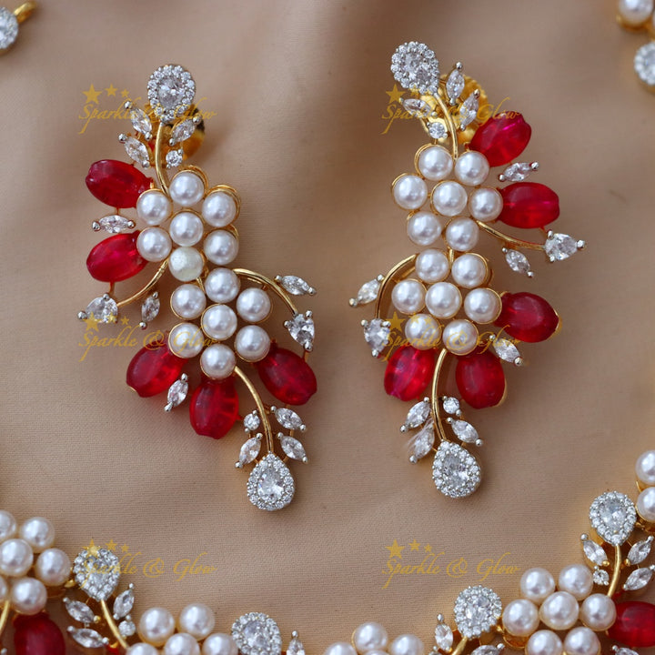 Red Floral Necklace with American Diamonds - Elegant Set