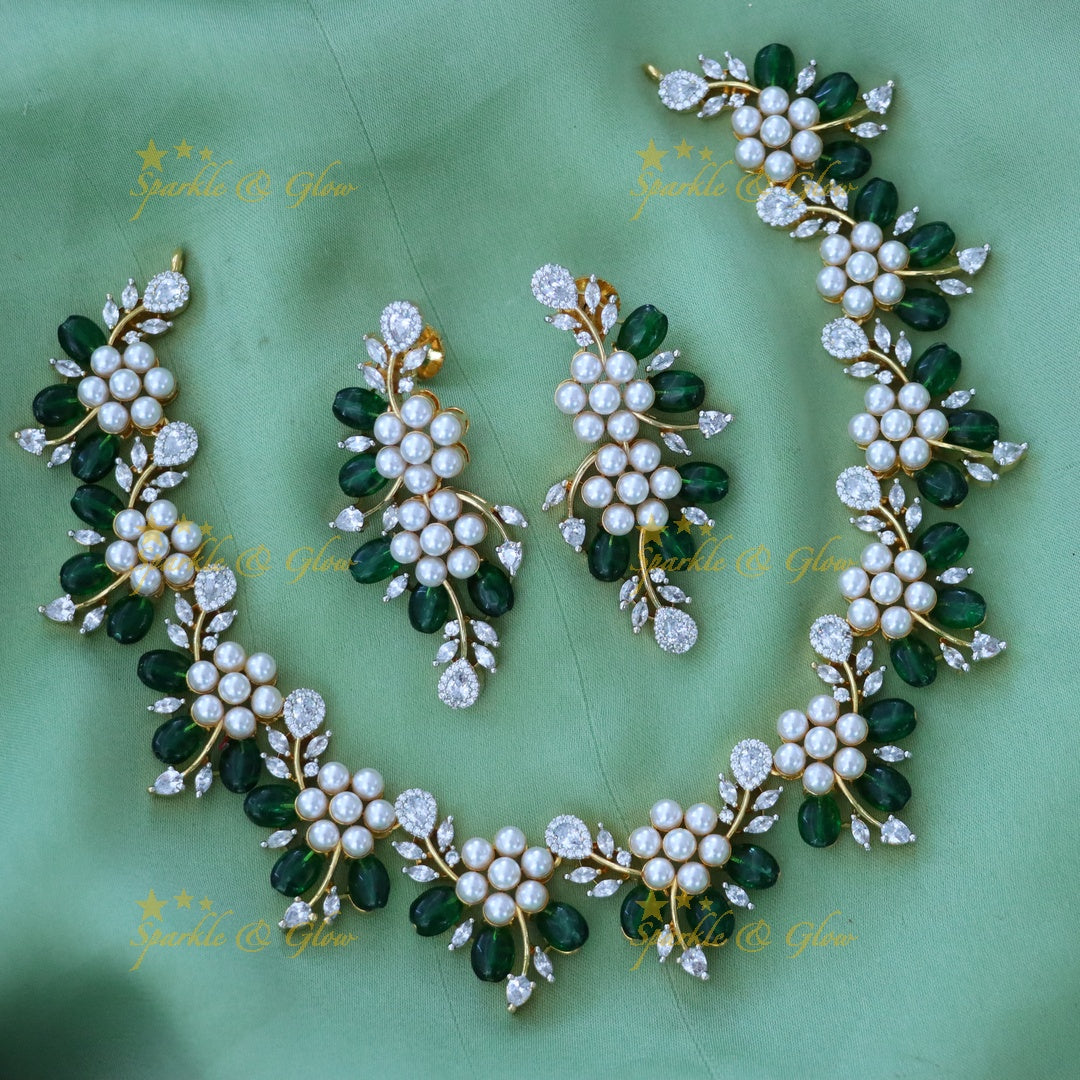Red Floral Necklace with American Diamonds - Elegant Set