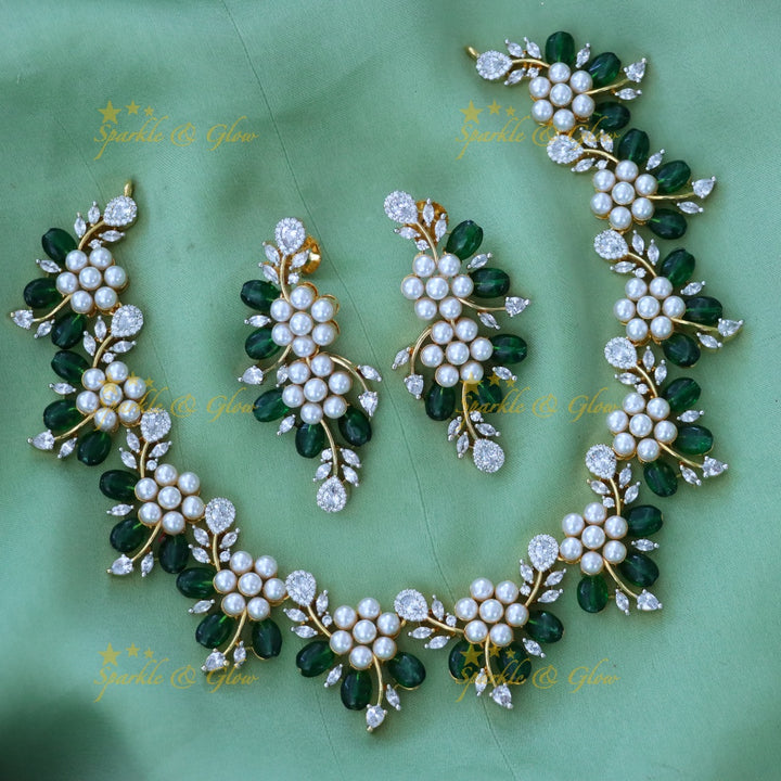 Red Floral Necklace with American Diamonds - Elegant Set