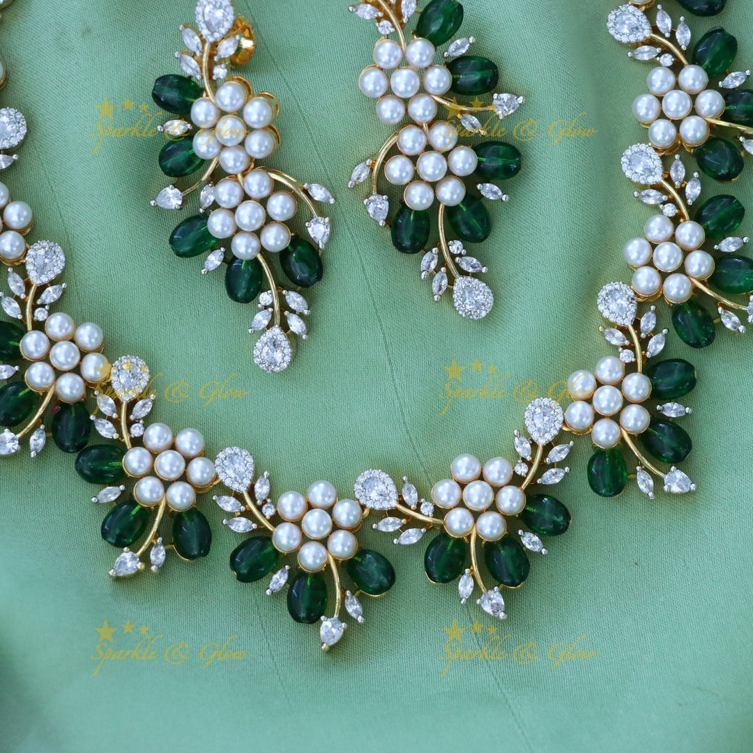 Red Floral Necklace with American Diamonds - Elegant Set
