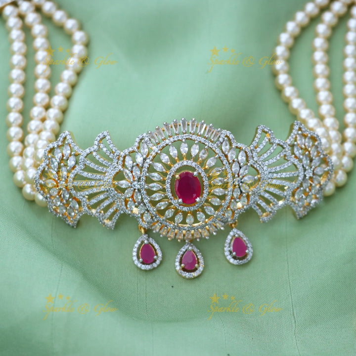 Glamorous American Diamond & Pearl Choker Necklace