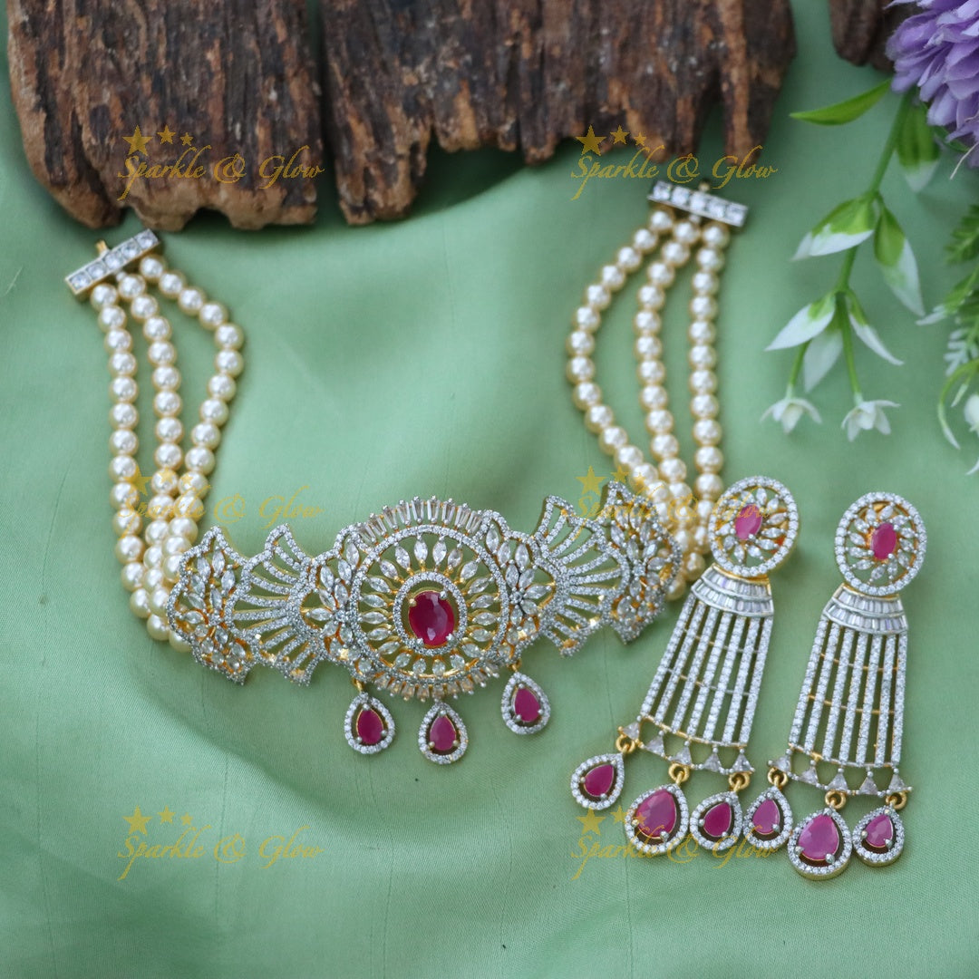Glamorous American Diamond & Pearl Choker Necklace