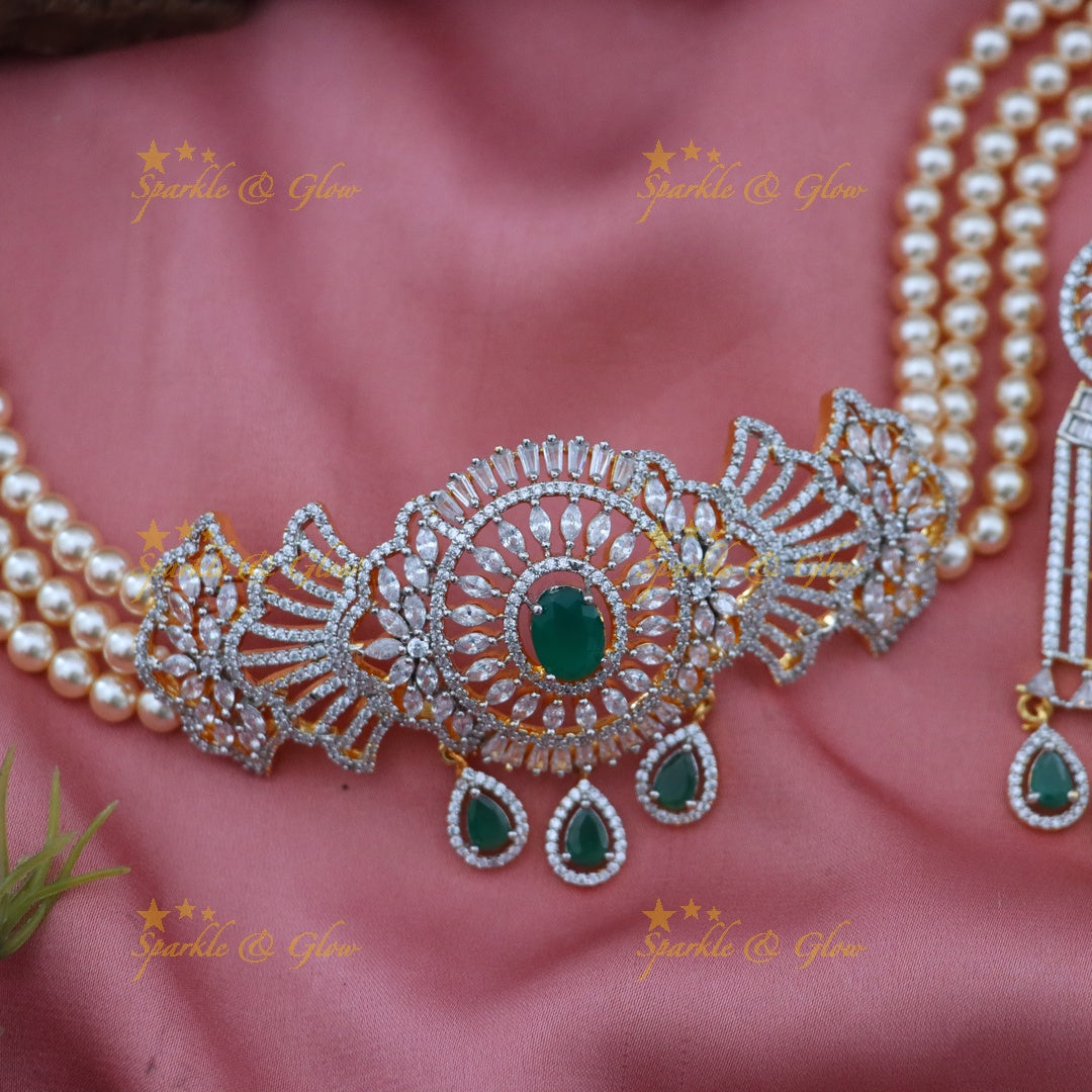 Glamorous American Diamond & Pearl Choker Necklace