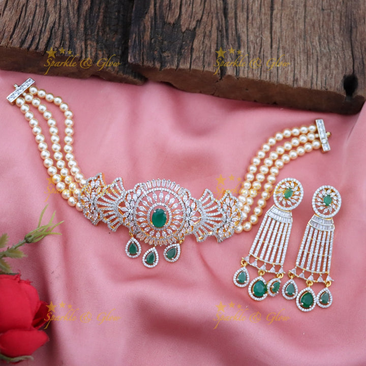 Glamorous American Diamond & Pearl Choker Necklace