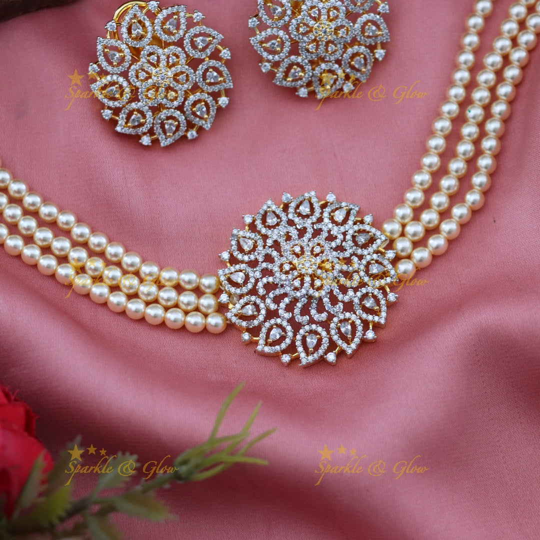 Pearl & American Diamond Choker Set - Glamour & Grace