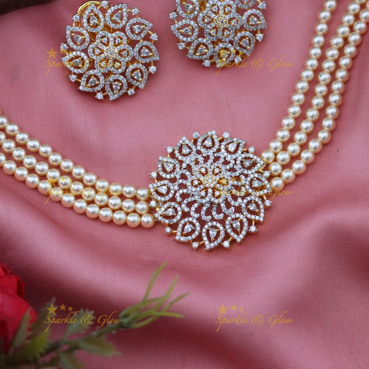 Pearl & American Diamond Choker Set - Glamour & Grace