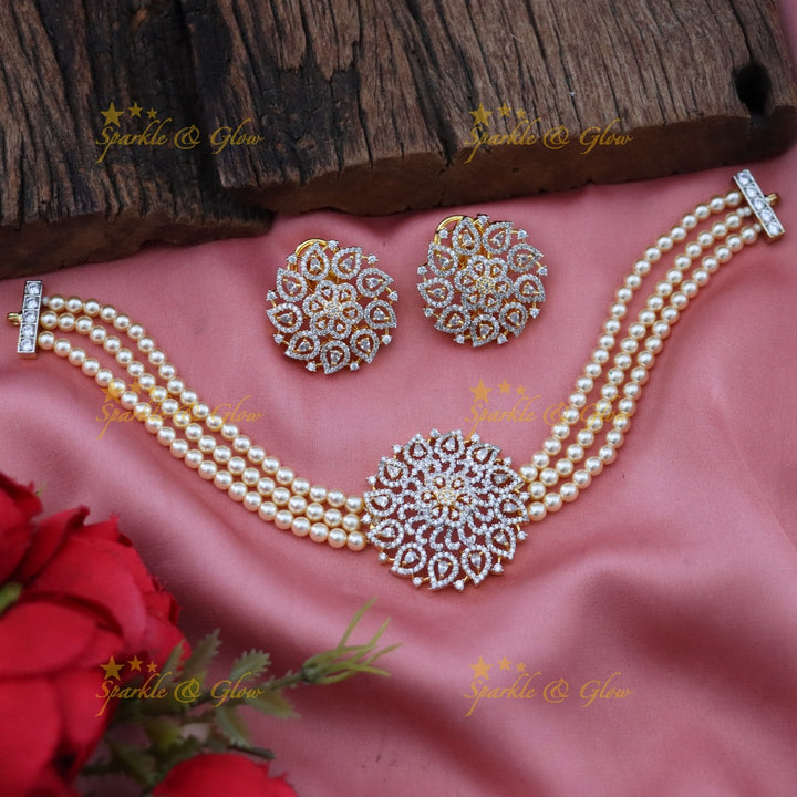 Pearl & American Diamond Choker Set - Glamour & Grace