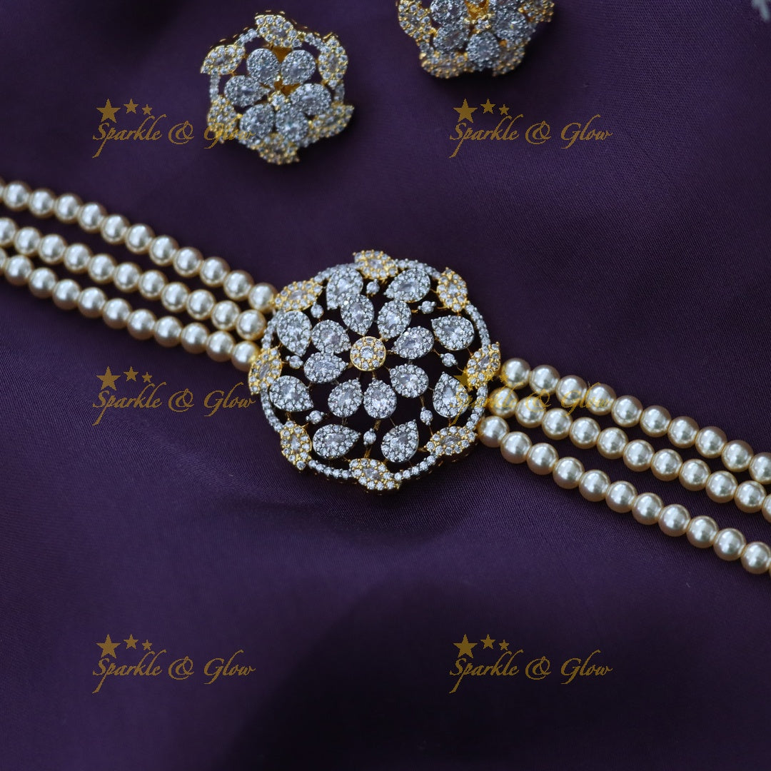 Exquisite American Diamond Pearl Choker Necklace - Sparkle & Glow