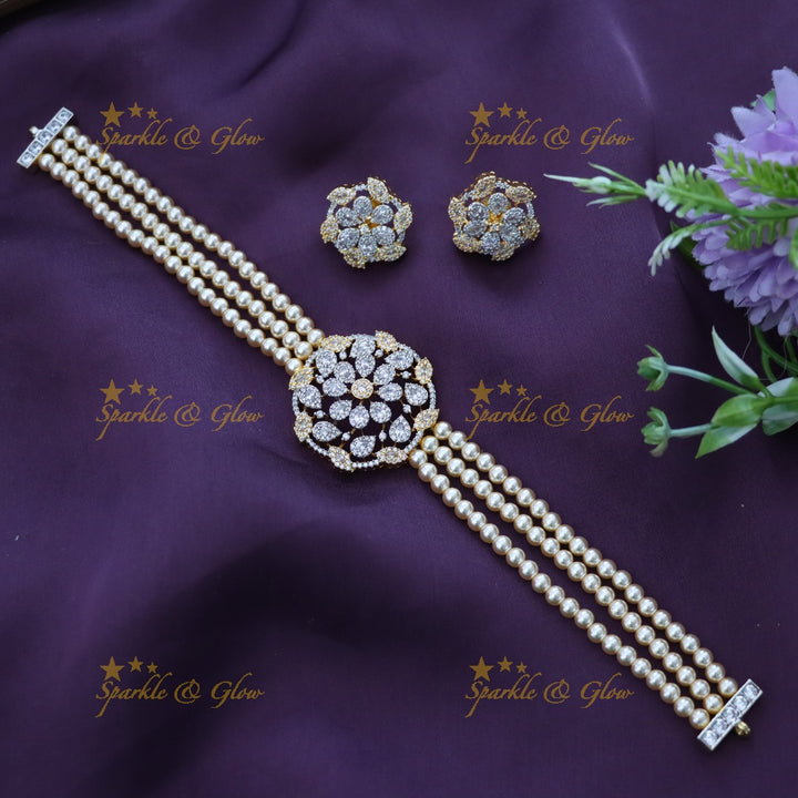 Exquisite American Diamond Pearl Choker Necklace - Sparkle & Glow