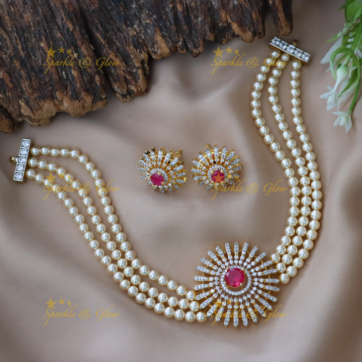 Stunning American Diamond Pearl & Ruby Statement Choker