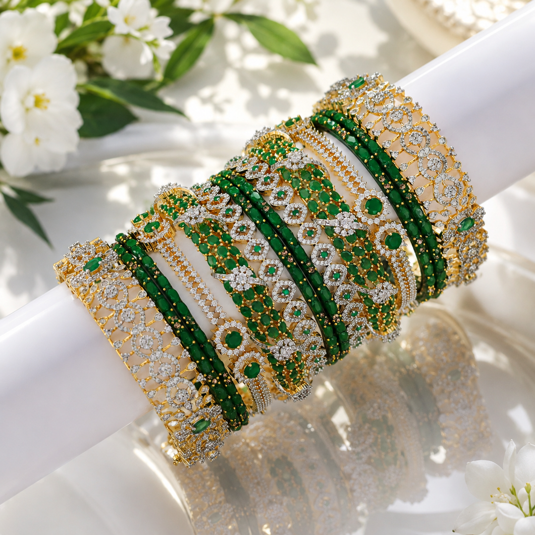 Beautiful Emerald & Diamond Bridal Bangle Set