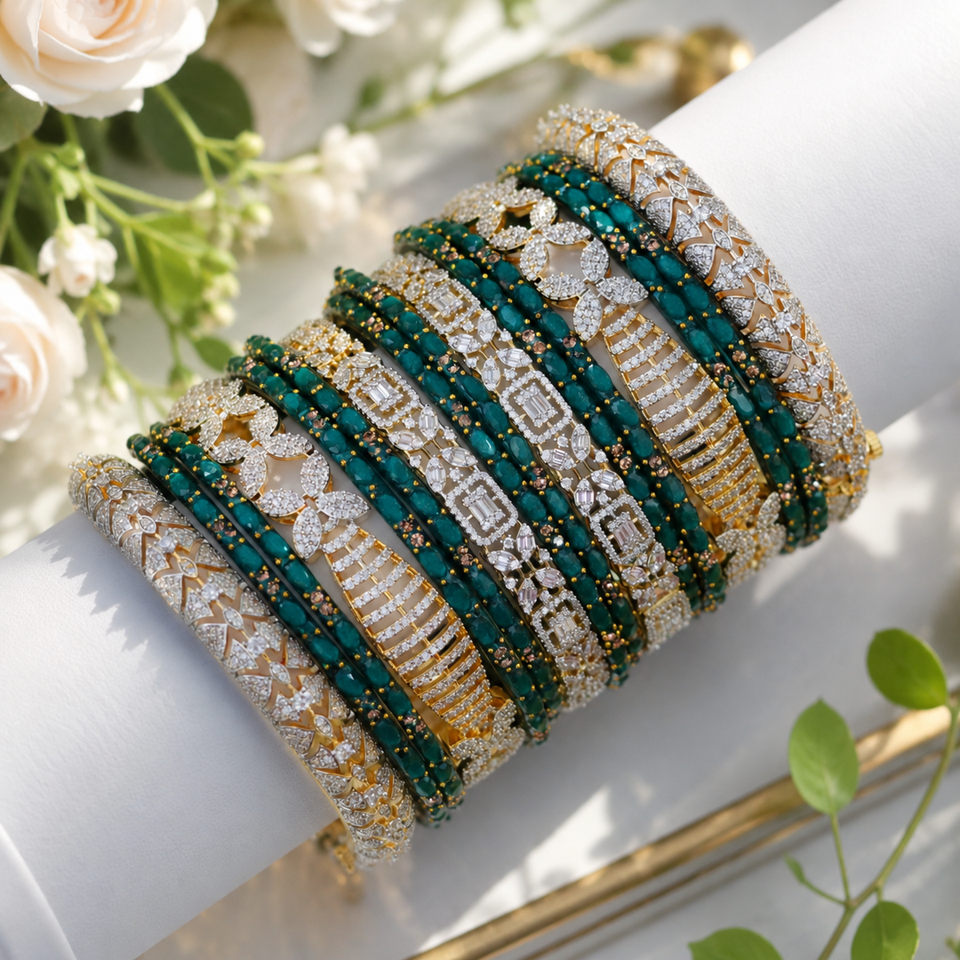 Exquisite Diamond & Green Bridal Bangles Set