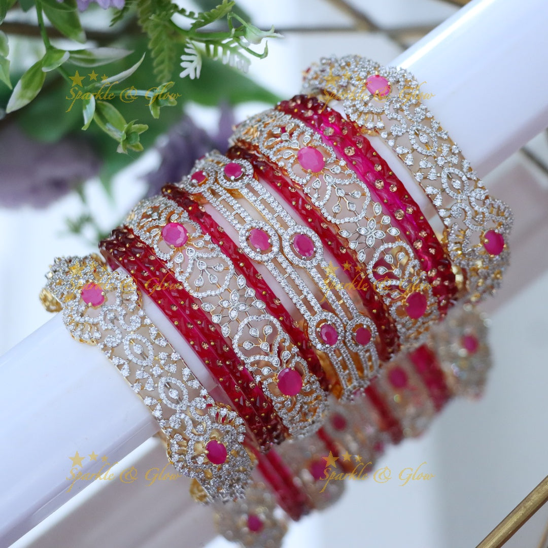 Exquisite Ruby & American Diamond Bangles Set