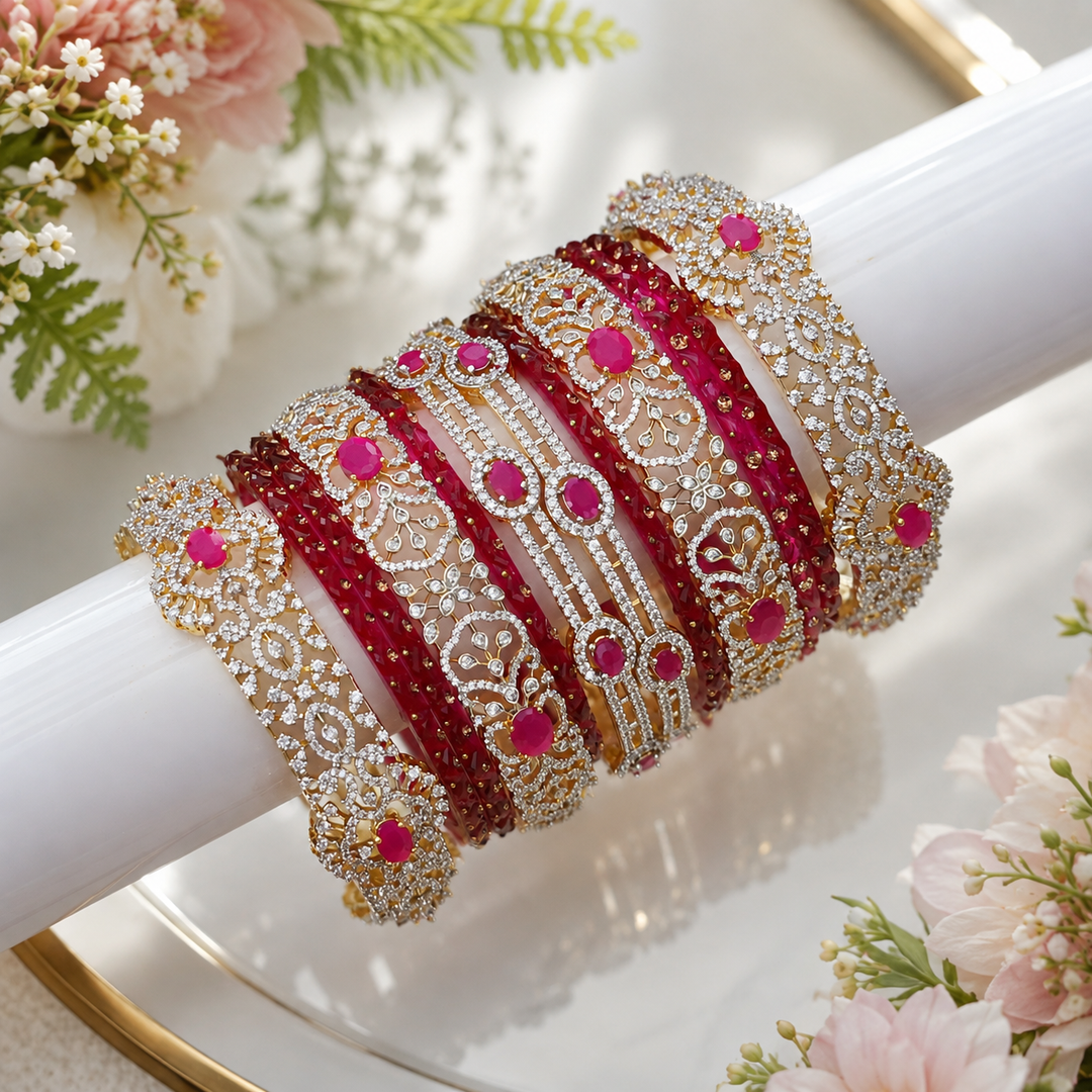 Exquisite Ruby & American Diamond Bangles Set