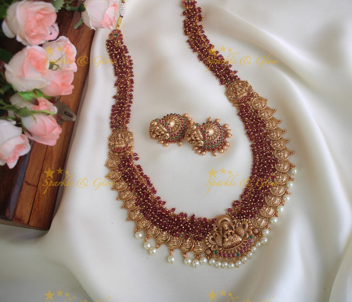 Premium Matte cluster beads coin long necklace - Pearl Multi