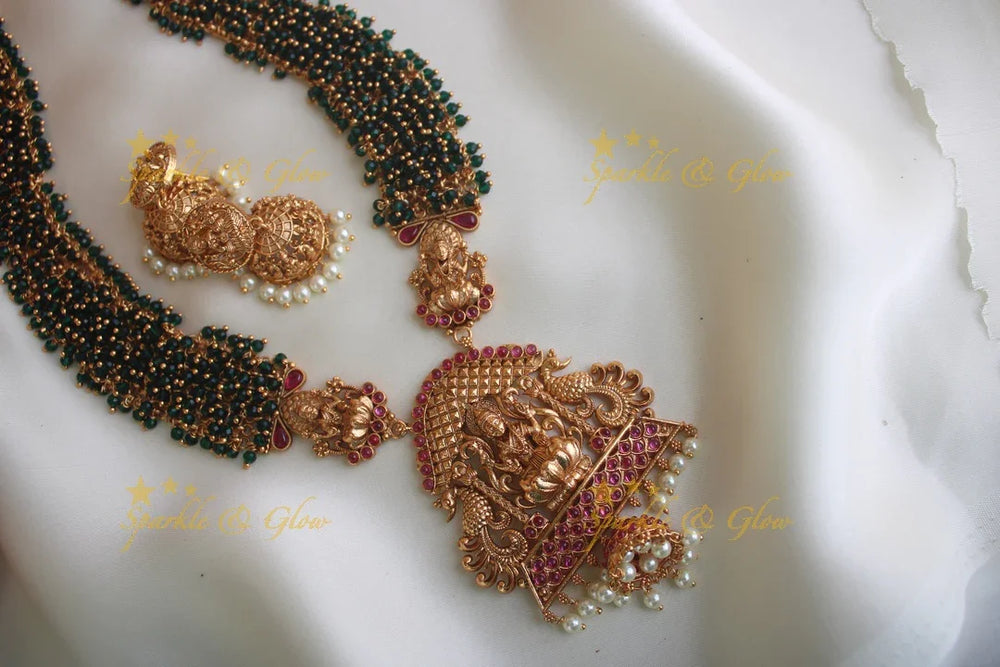 Premium Matte cluster beads Lakshmi long necklace - Green - Sparkle and Glow
