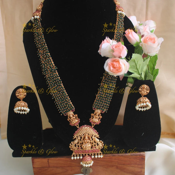 Premium Matte cluster beads Lakshmi long necklace - Green - Sparkle and Glow