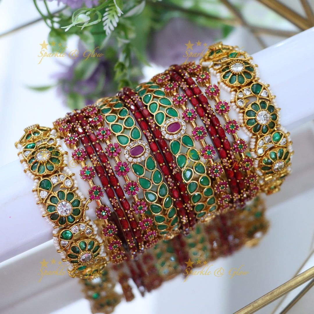 Exquisite Emerald and Ruby Bangle Set for Brides