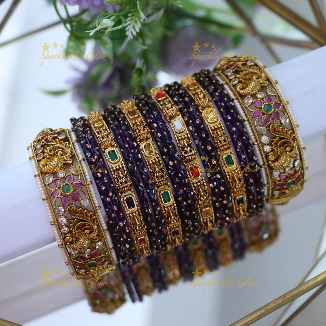Elegant Kemp Peacock Floral carved Bridal Bangles Set