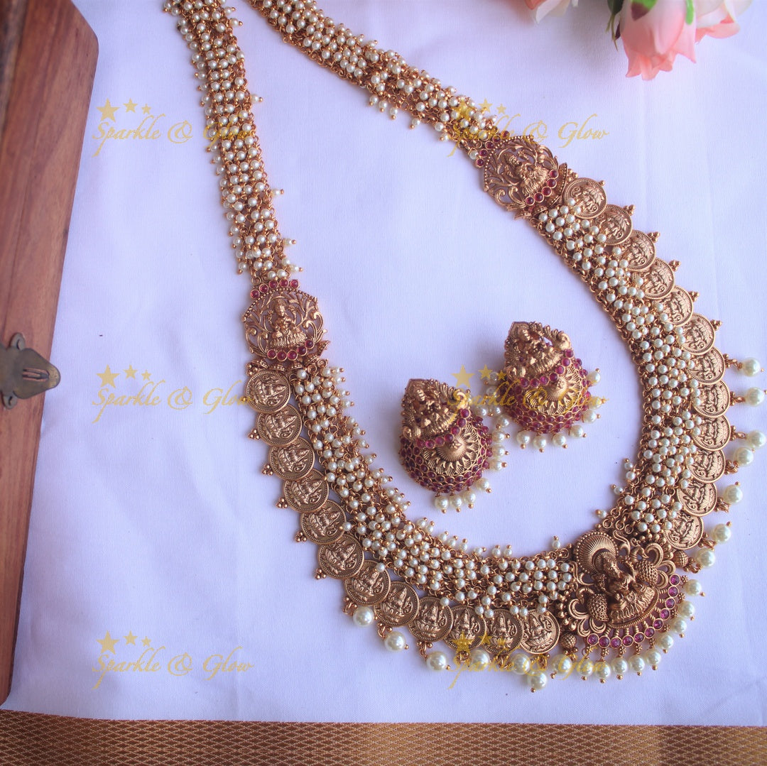 Premium Matte cluster beads coin long necklace - Pearl Multi