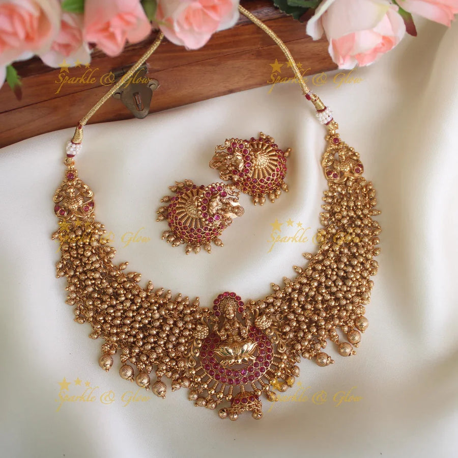 Premium Matte cluster beads short Lakshmi necklace - Gold - Sparkle and Glow