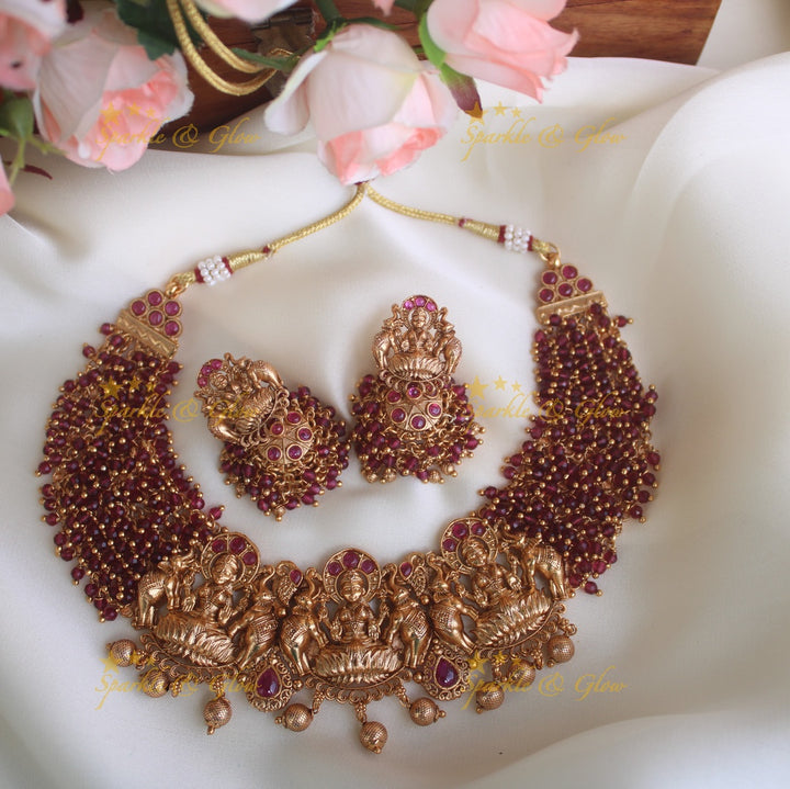 Premium Matte cluster beads short Lakshmi necklace - Pearl