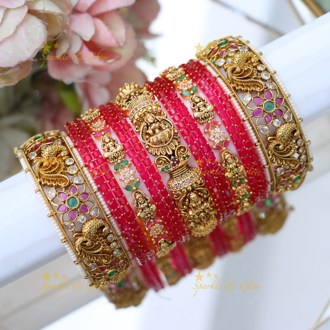 Enchanting Pink Kemp Peacock Bridal Bangle Set
