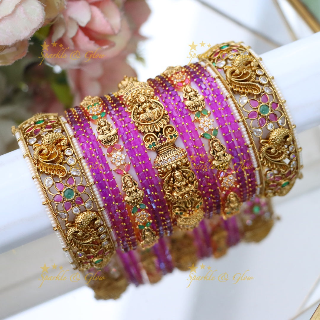 Enchanting Pink Kemp Peacock Bridal Bangle Set