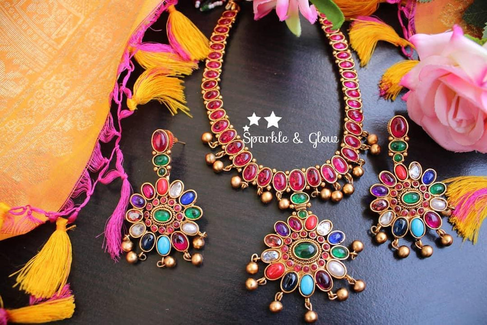 Kemp oval shapped stones adigai necklace - Green - Sparkle and Glow