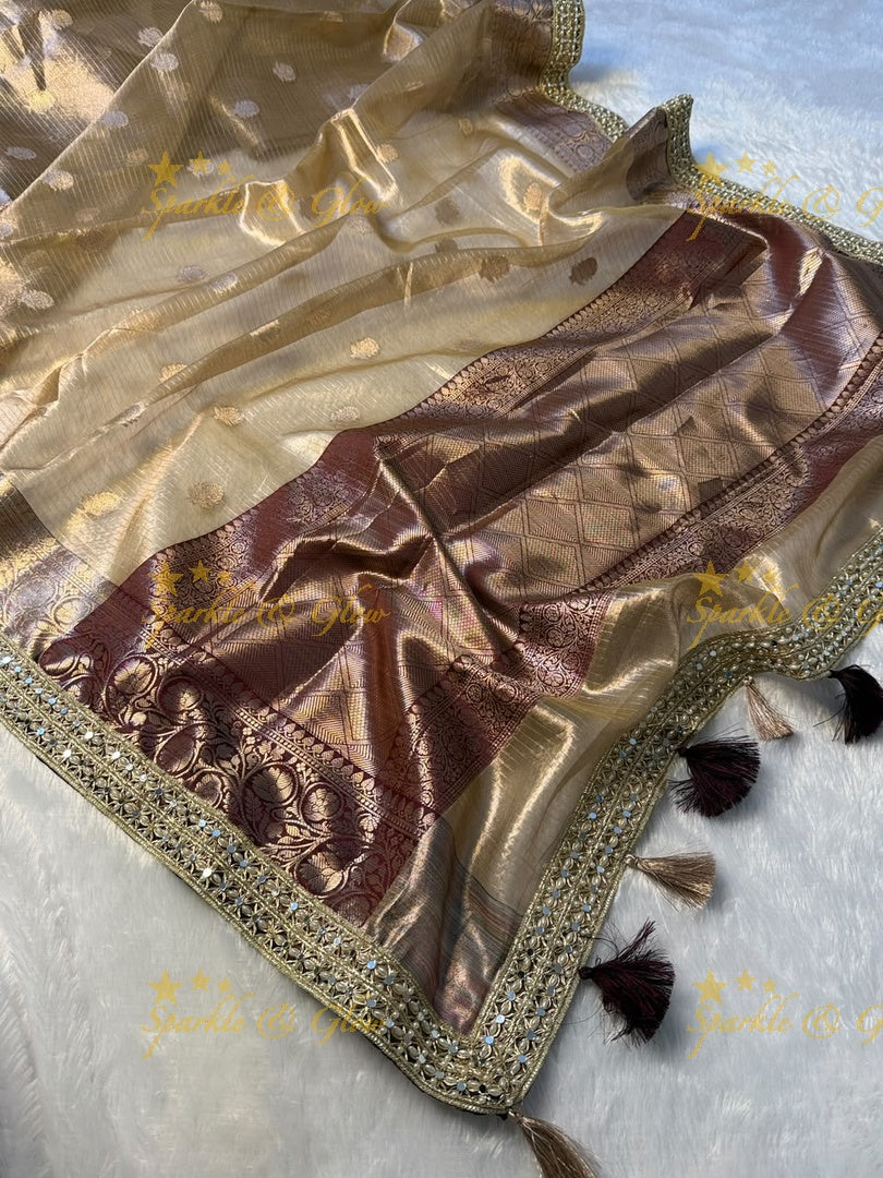 Elegant Banarasi Saree with Pearl & Mirror Trim Design