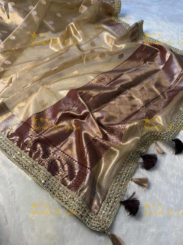 Elegant Banarasi Saree with Pearl & Mirror Trim Design