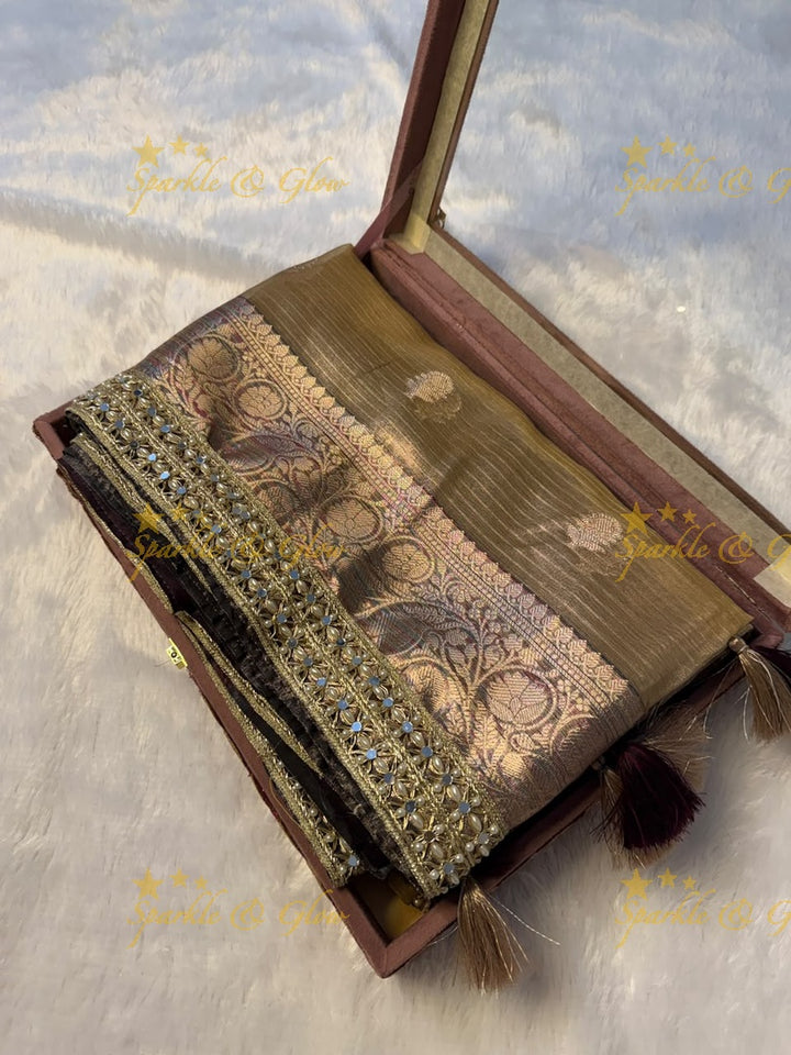 Elegant Banarasi Saree with Pearl & Mirror Trim Design