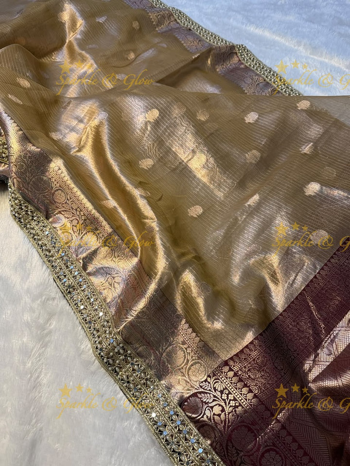 Elegant Banarasi Saree with Pearl & Mirror Trim Design